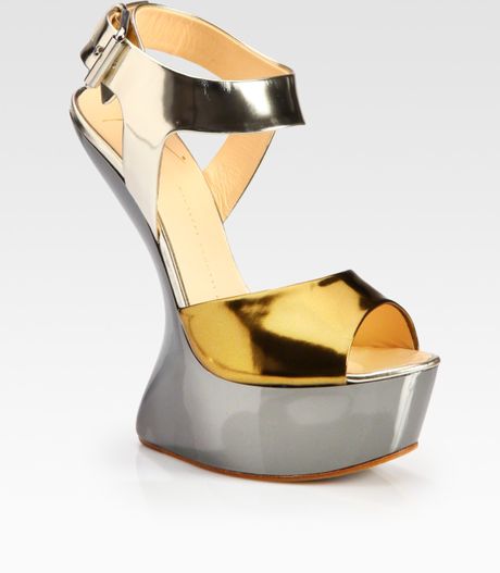 Giuseppe Zanotti Metallic Patent Leather Curved Wedge Sandals in Gold ...
