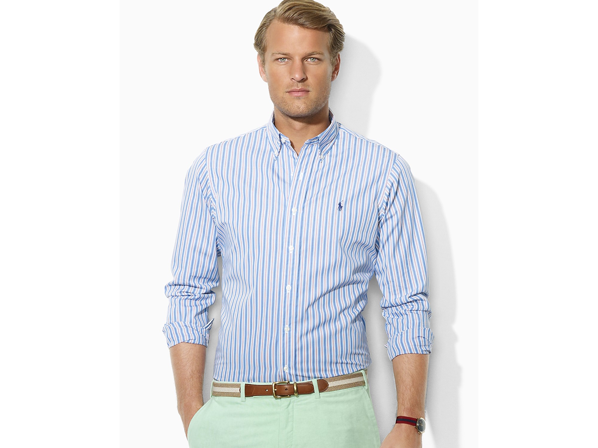 Lyst - Polo Ralph Lauren Customfit Stripe Poplin Shirt in Blue for Men