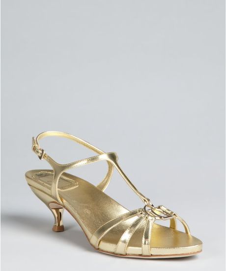 Dior Gold Leather T-strap Kitten Heel Sandals in Gold | Lyst