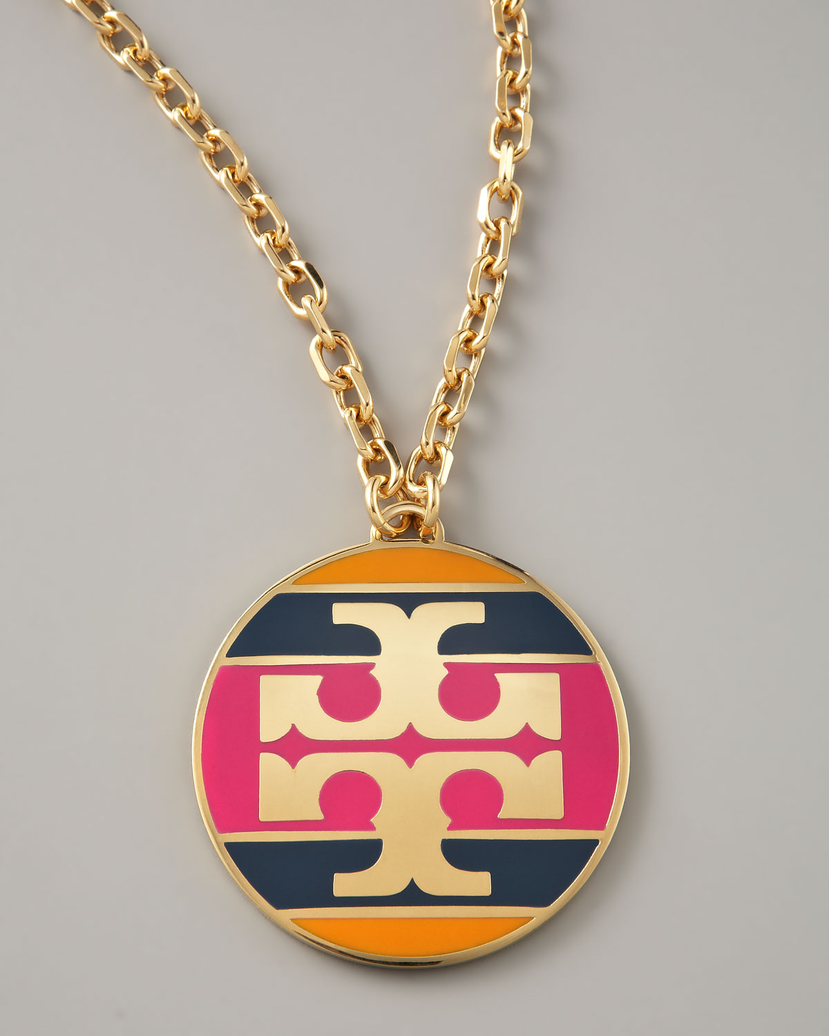 Tory Burch Striped Logo Pendant Necklace Magenta in Gold (multi colors