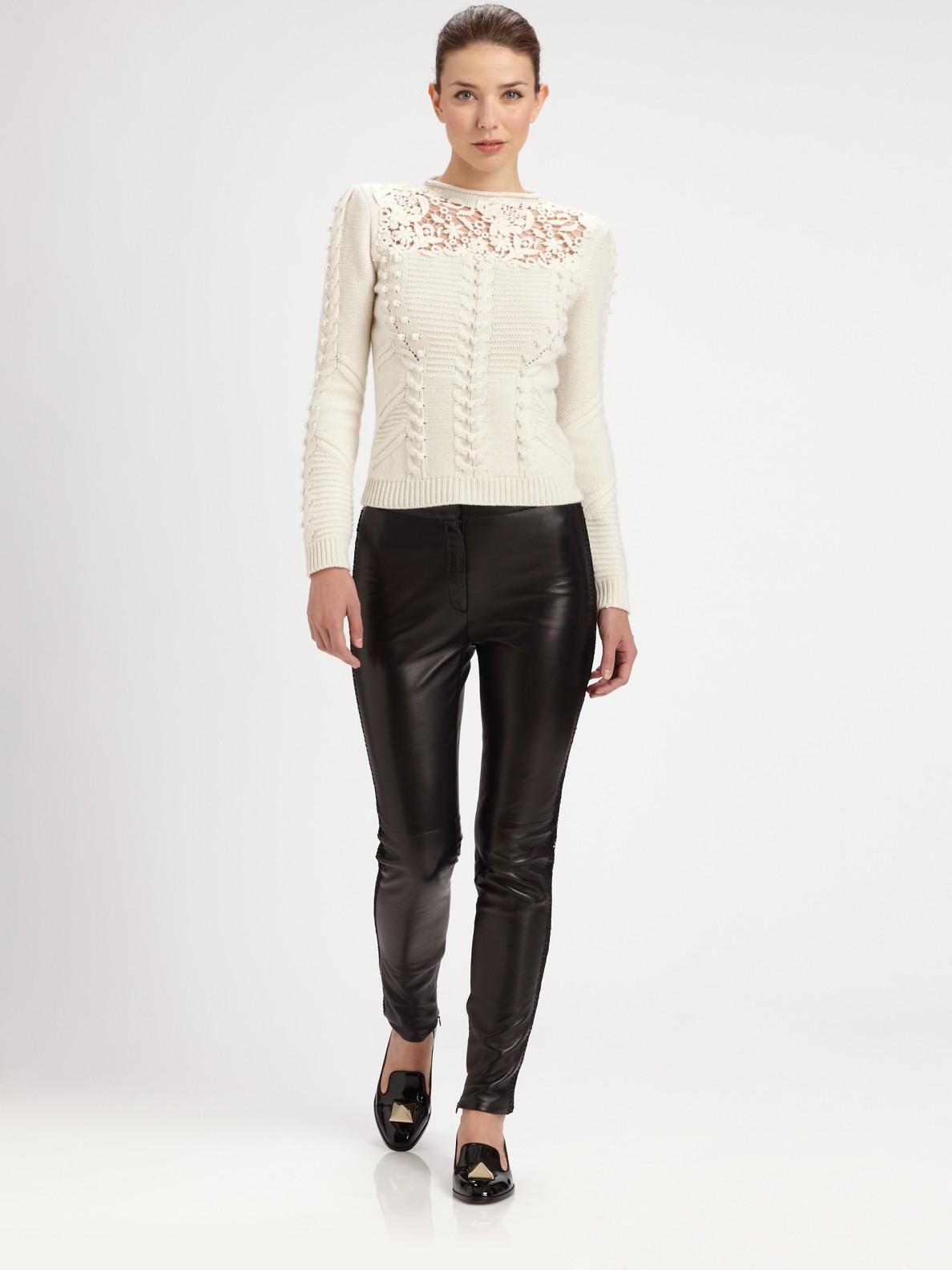 Valentino Embroidered Leather Pants in Black | Lyst