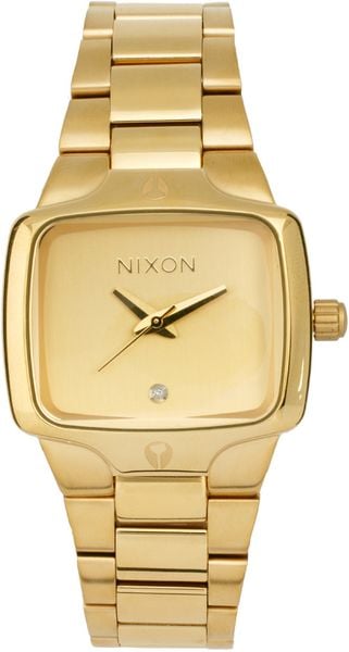 Nixon Gold Finish Square Face Bracelet Watch in Gold (yellowgold) | Lyst