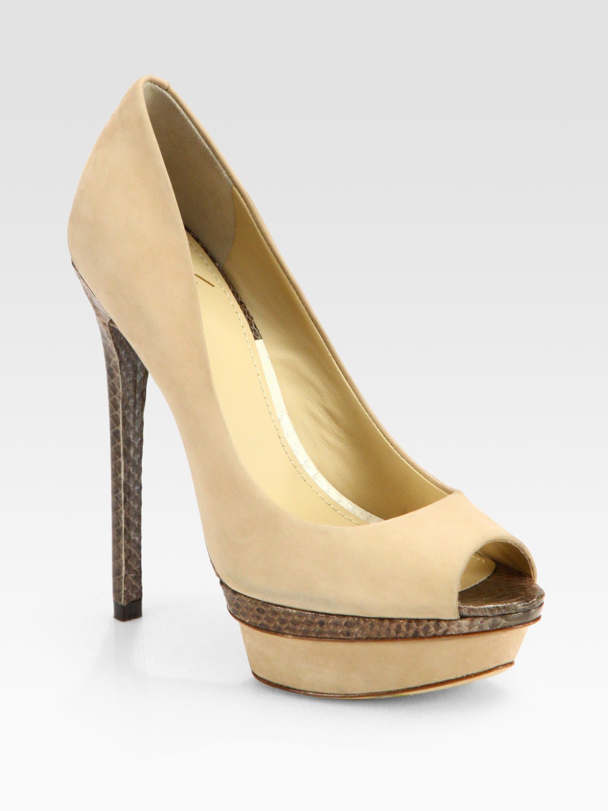 B brian atwood Snakeprint Leather and Suede Platform Pumps in Natural ...