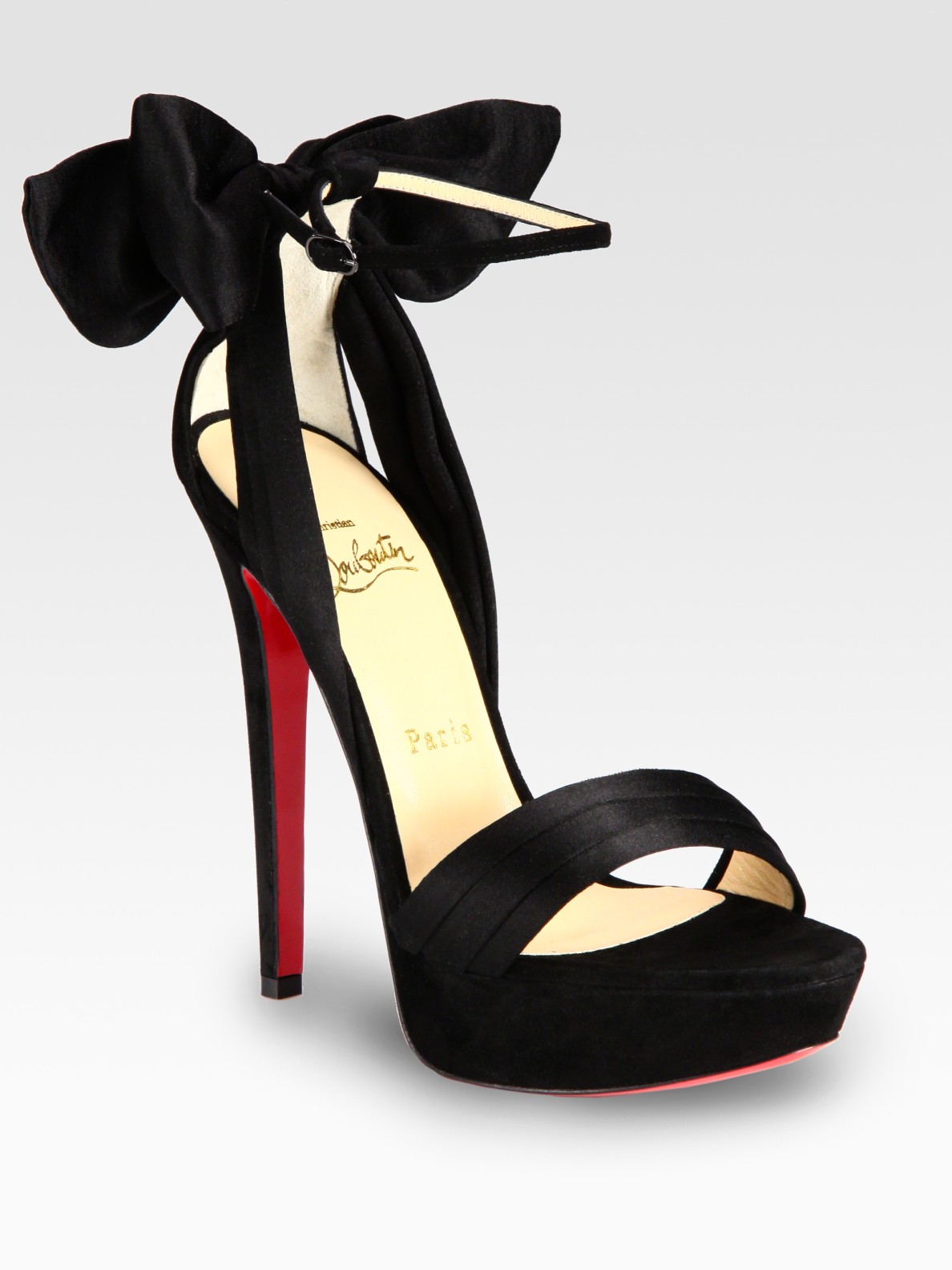 Christian louboutin Satin and Suede Bow Platform Sandals in Black ...