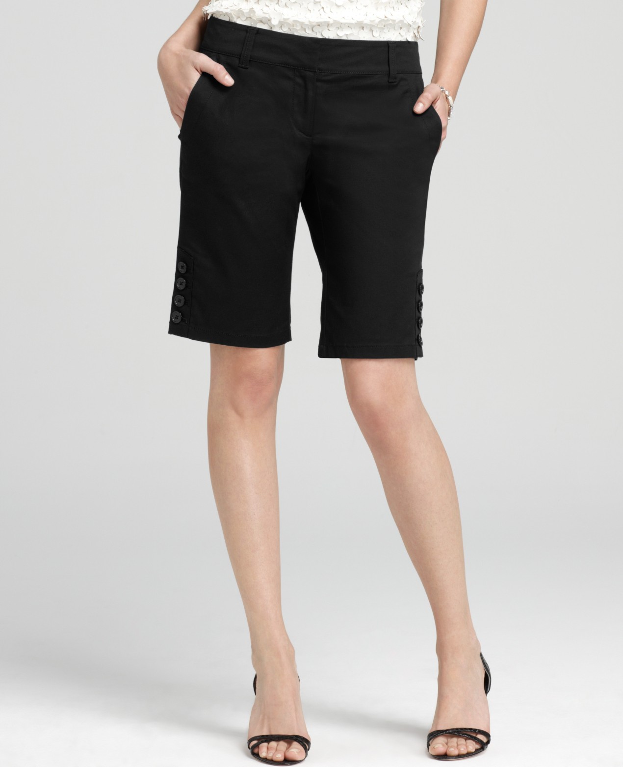 Ann taylor Petite Cotton Sateen Button Trim Walking Shorts in Black Lyst