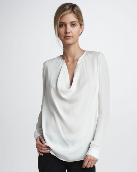 Vince Silk Cowl Neck Top in White | Lyst