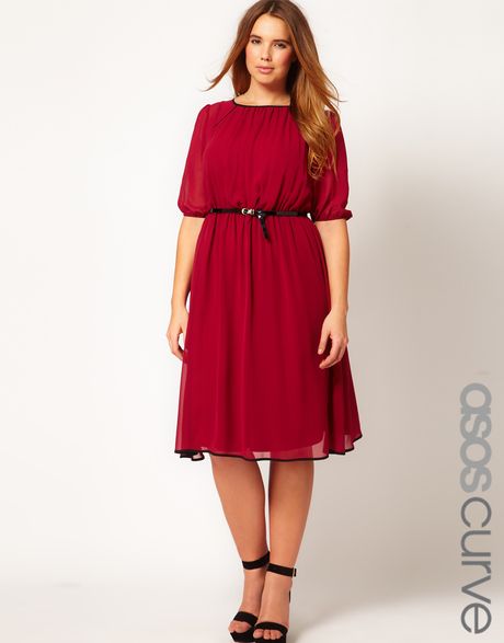 Asos Curve Midi Dress with Contrast Piping in Red (wine) | Lyst