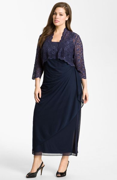 Alex Evenings Sequined Lace Faux Wrap Dress Bolero in Blue (navy) | Lyst