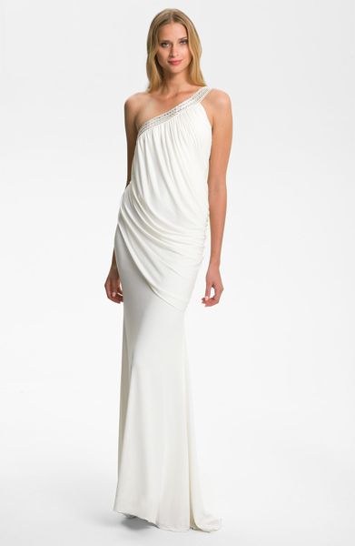 Js Collections Beaded One Shoulder Jersey Gown in White | Lyst