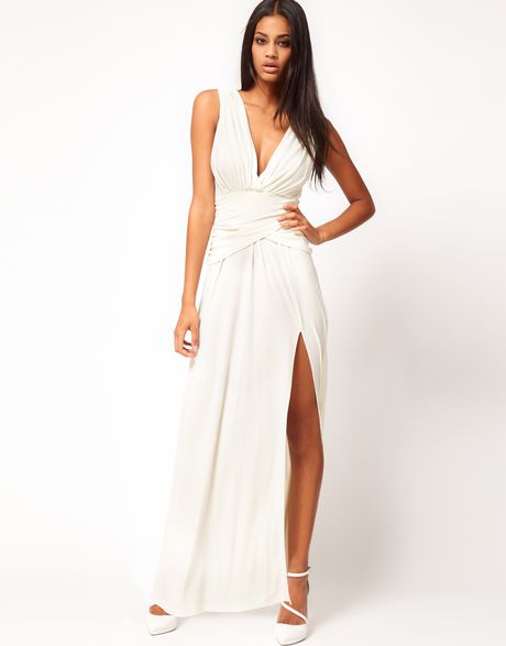 Asos Collection Grecian Maxi Dress with Thigh Split in White (cream) | Lyst