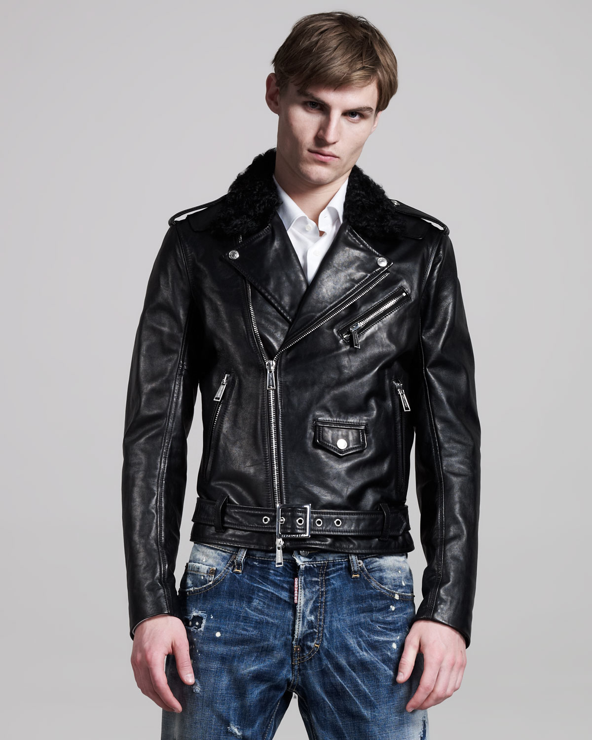 Dsquared² Shearling Collar Leather Biker Jacket In Black For Men Gallery