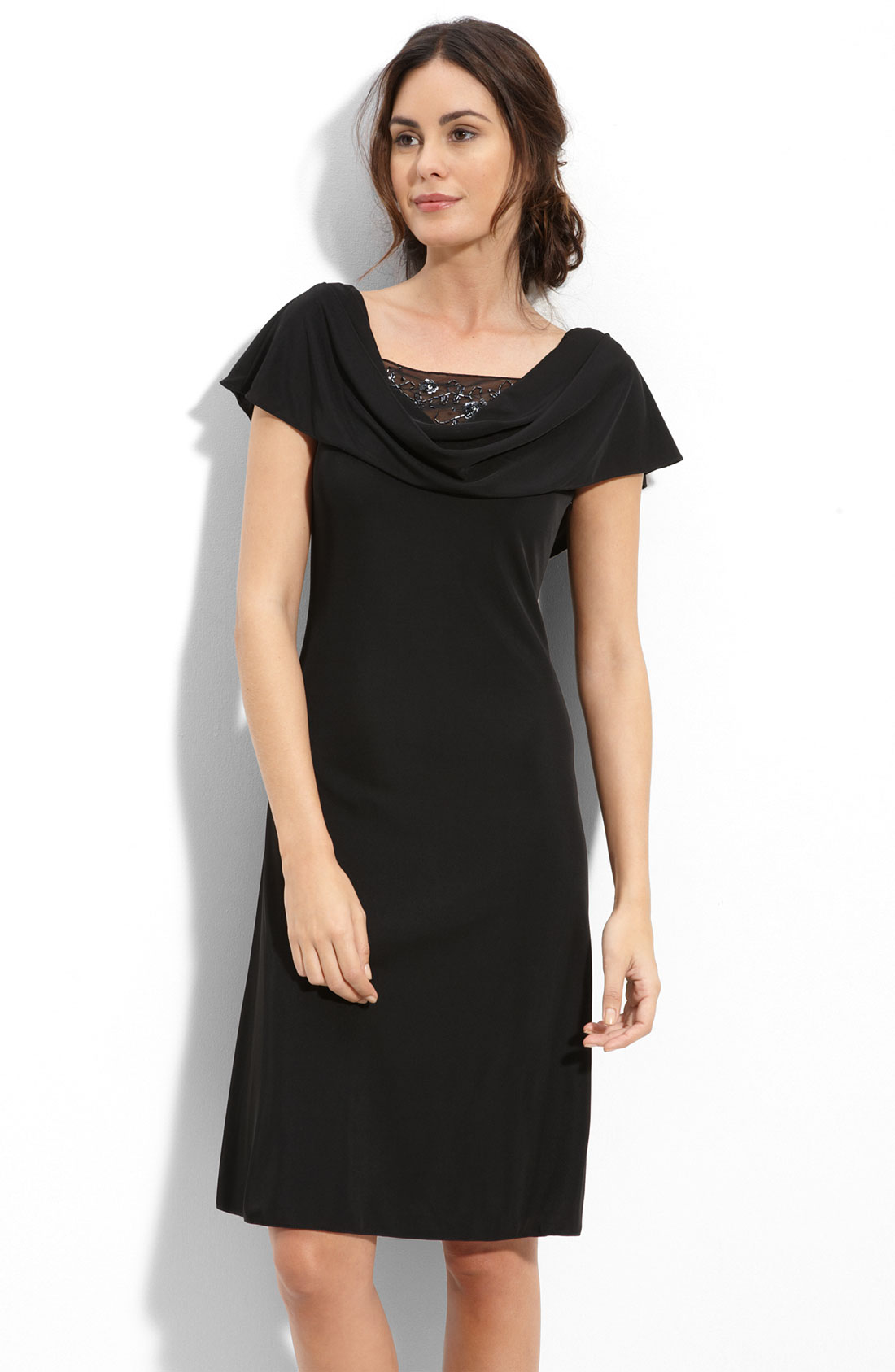Patra Drape Neck Dress with Beaded Illusion Mesh Insets in Black | Lyst