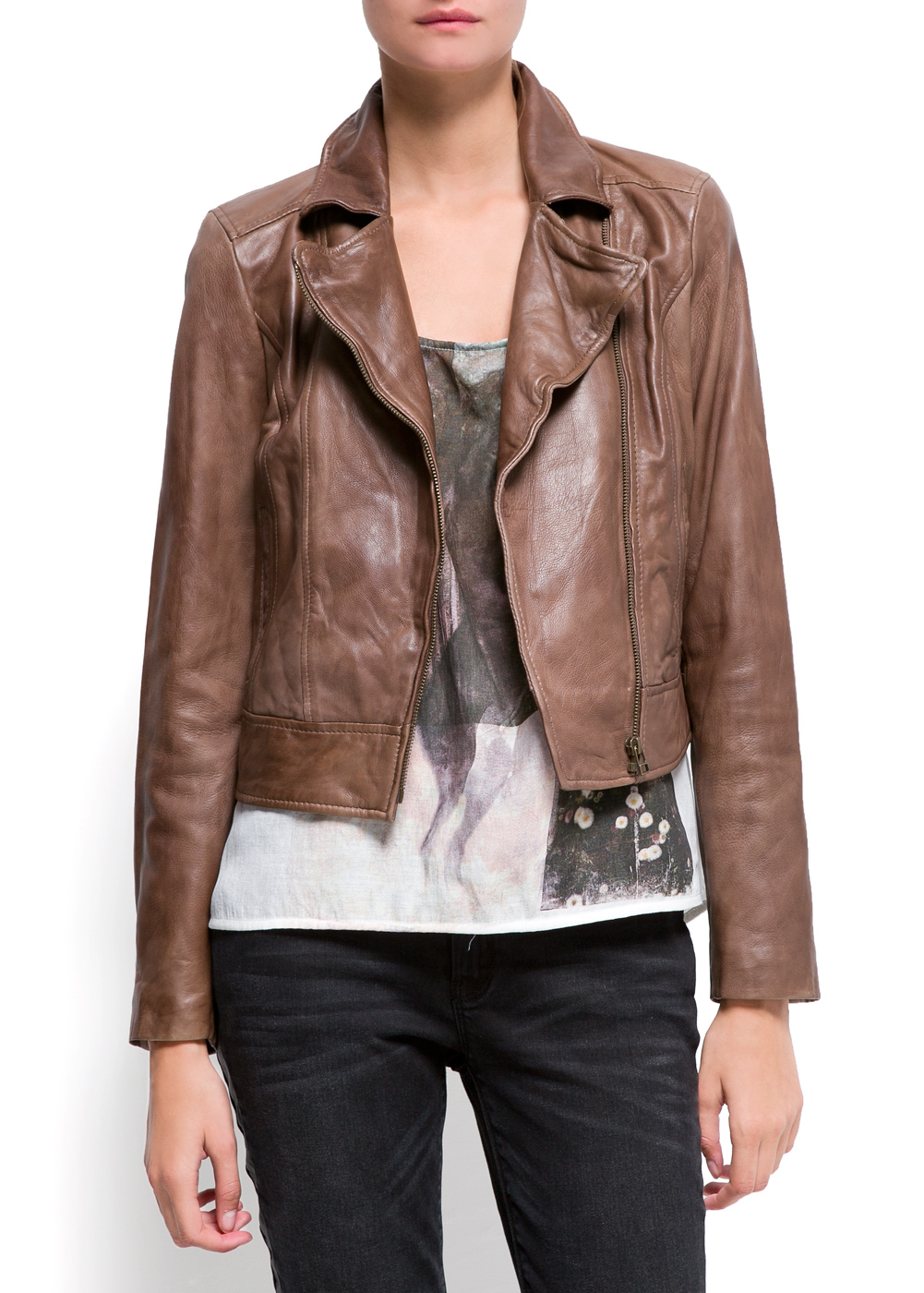 Lyst Mango Leather Biker Jacket in Brown