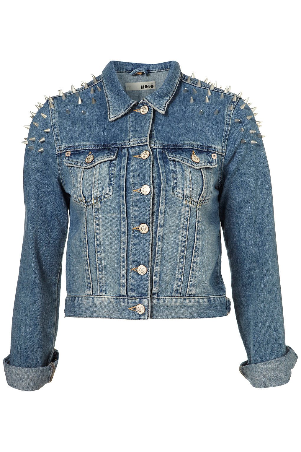 Lyst - Topshop Moto Shoulder Spike Denim Jacket in Blue