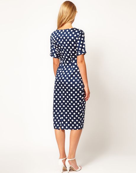 Asos Collection Pencil Dress in Wiggle Shape in Spot Print in Blue ...