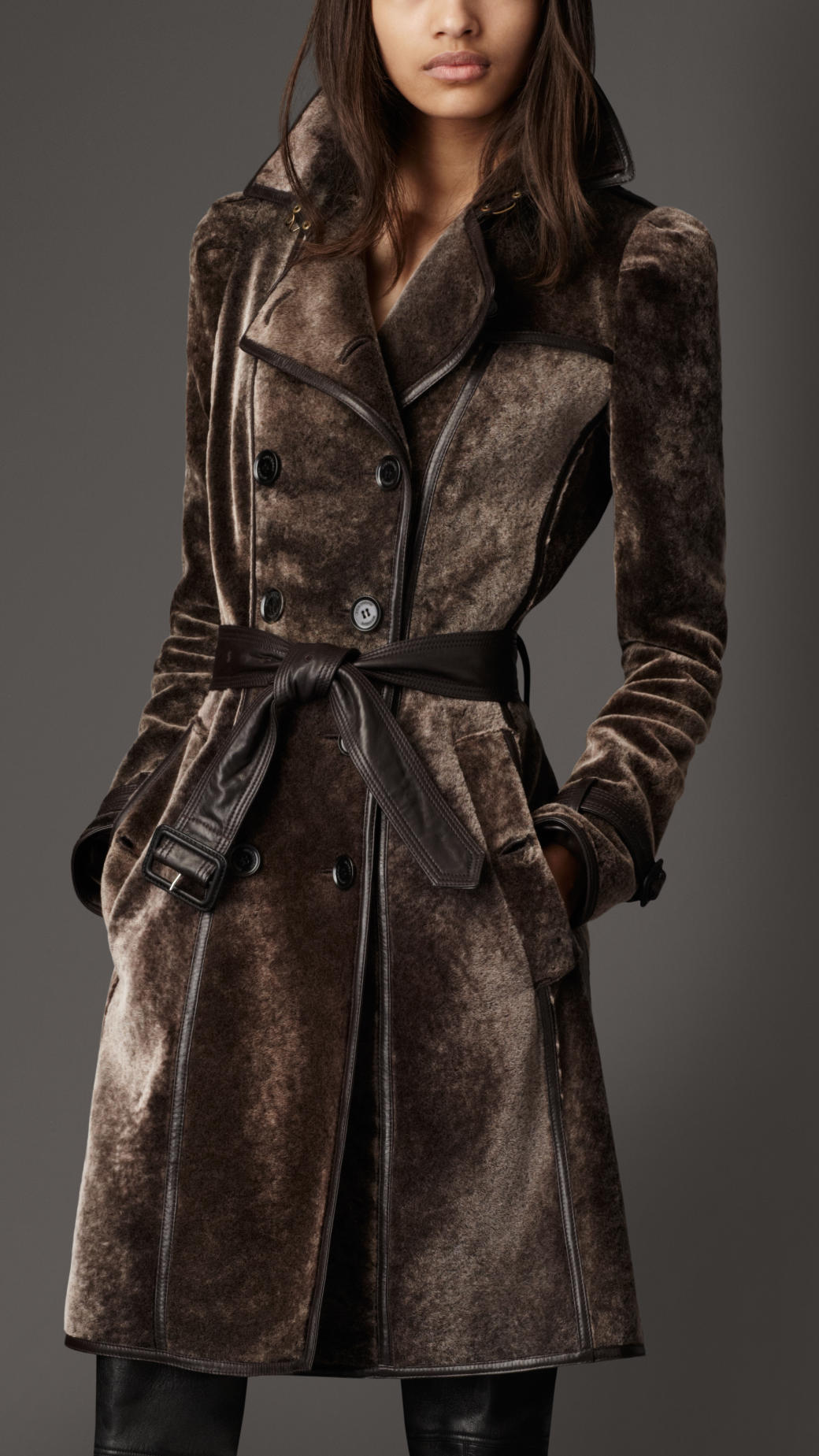 Burberry Long Shearling Trench Coat in Brown - Lyst