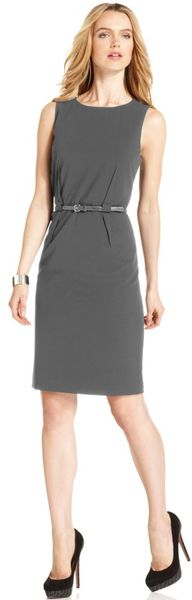 Calvin Klein Sleeveless Belted Sheath in Gray (slate) | Lyst