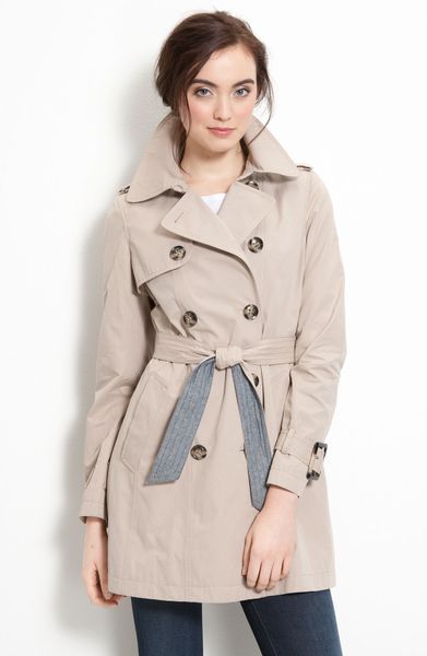 Dkny Trench Coat with Chambray Trim in Khaki | Lyst