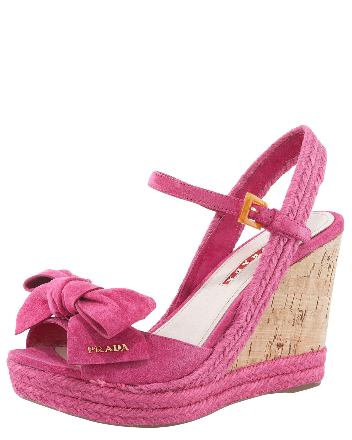 Prada Opentoe Bow Wedge Sandal in Pink | Lyst