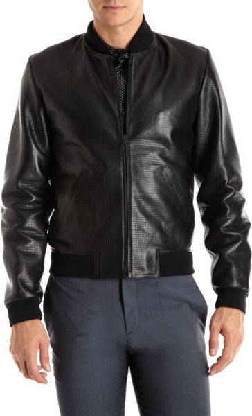 Agnes B. Waffle Leather Baseball Jacket in Black for Men | Lyst