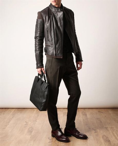 Lanvin Leather and Wool Biker Jacket in Brown for Men (army) | Lyst