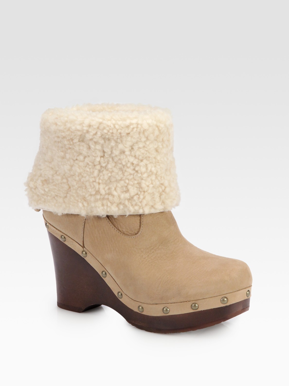 Ugg Carnagie Leather Shearling Clog Ankle Boots in Beige (mushroom) | Lyst