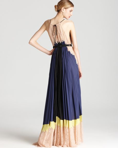 Bcbgmaxazria Pleated Color Block Lace Hem Maxi Dress in Blue (blue ...