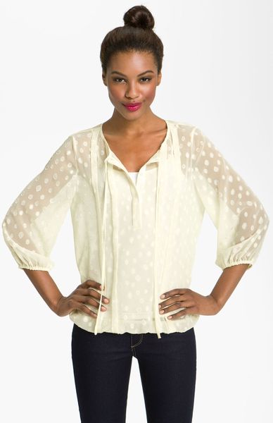 Pleione Swiss Dot Peasant Blouse in White (white dot) | Lyst