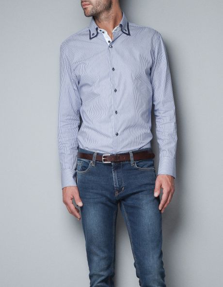 Zara Shirt with Contrasting Cuffs in Blue for Men | Lyst