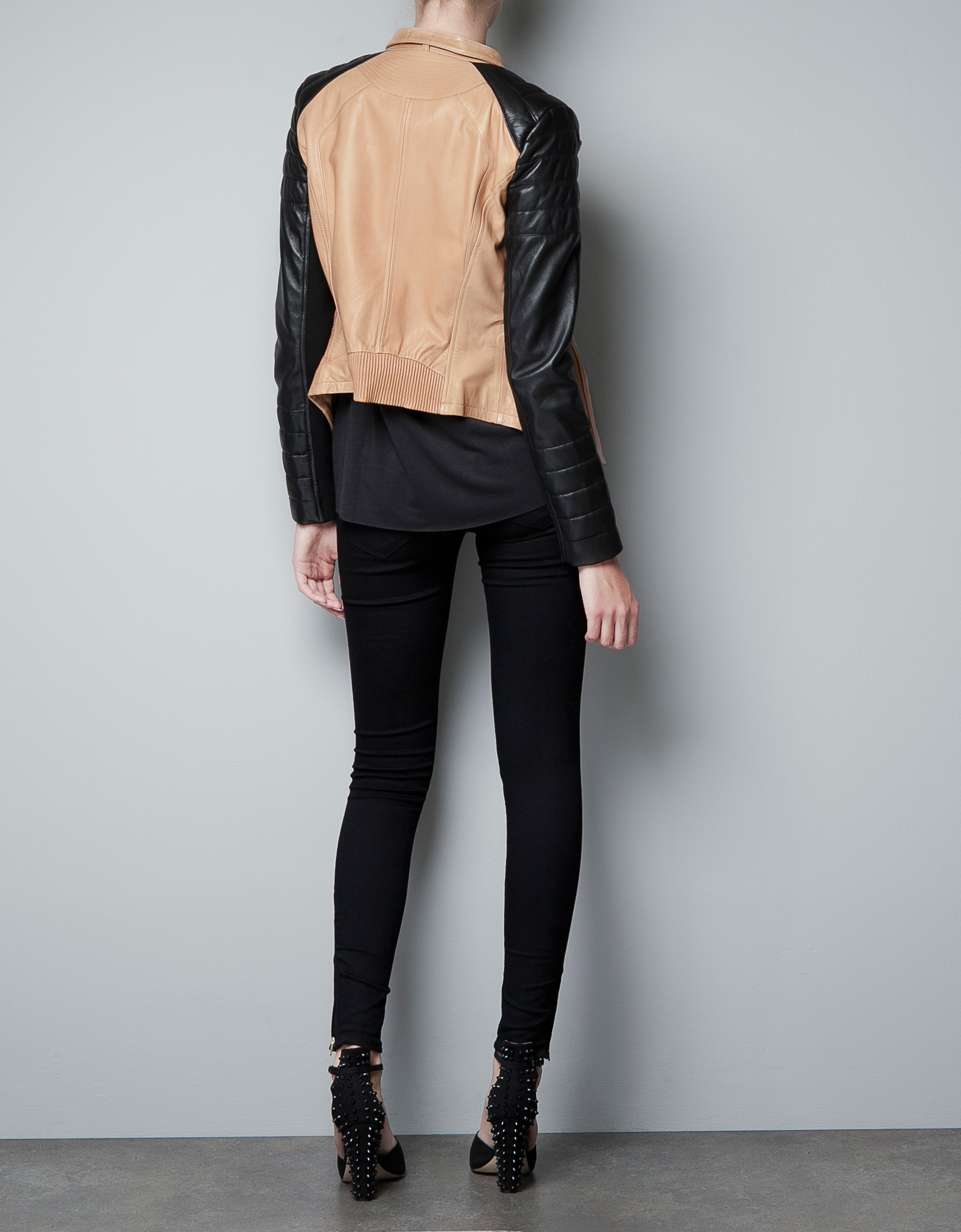 NWT Size M ZARA LEATHER BIKER JACKET WITH ZIPS TWO TONE BLACK CAMEL