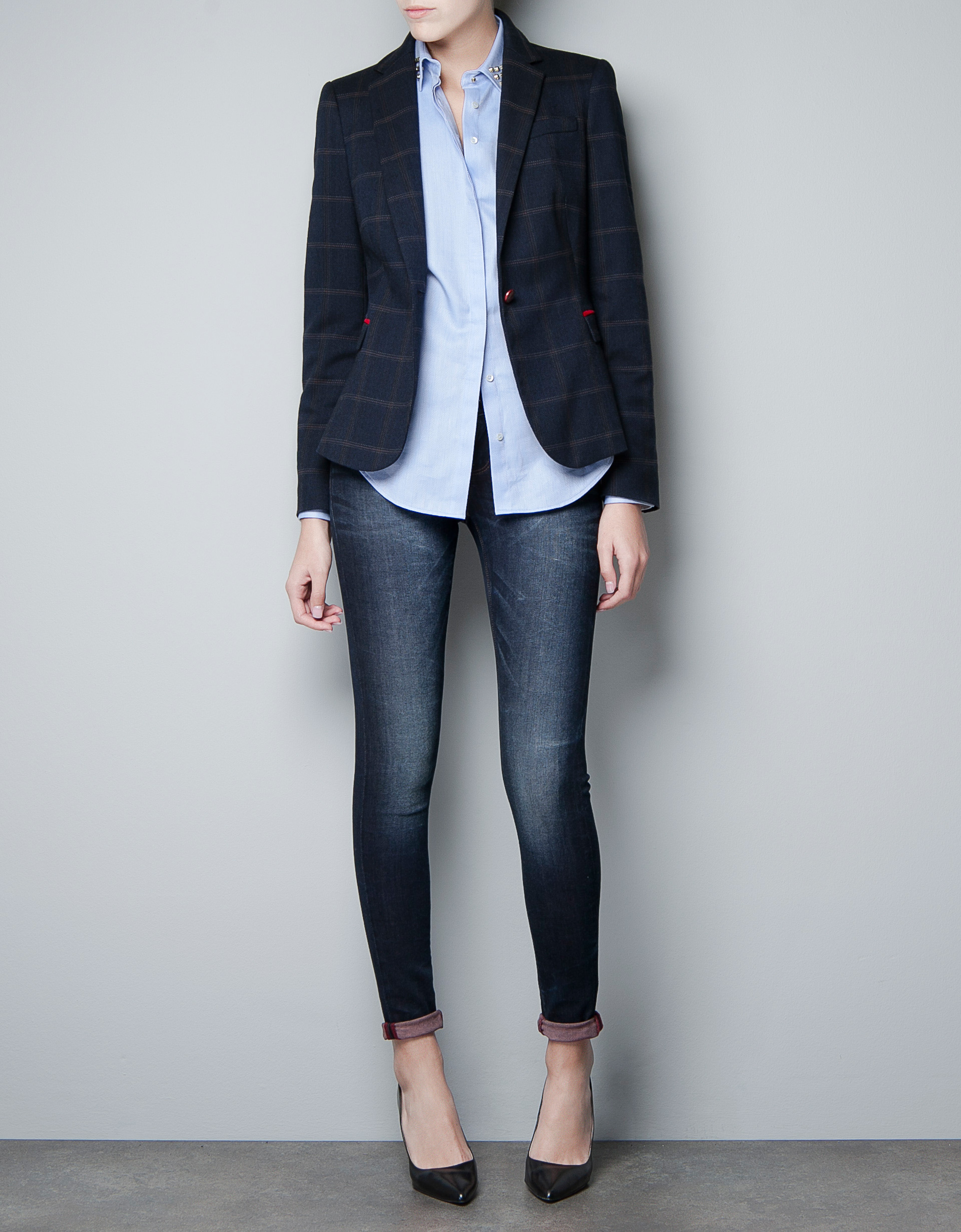 Zara Checked Wool Blazer With Elbow Patches In Blue Lyst Gallery