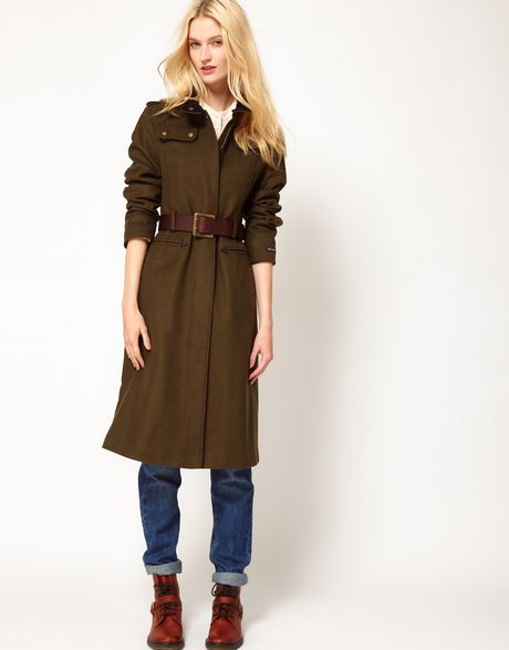 Barbour Falcon Military Greatcoat with Leather Belt in Green (olive) | Lyst