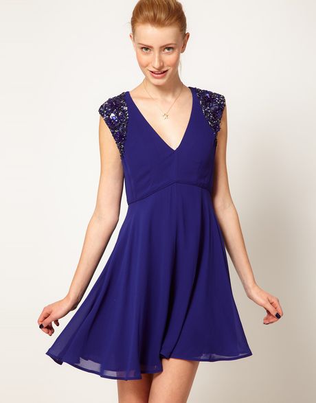 French Connection Embellished Sleeve Fit Flare Dress in Blue | Lyst