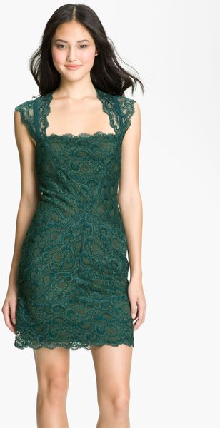 Nicole Miller Lace Fitted Cap Sleeve Lace Sheath Dress in Green (hunter ...