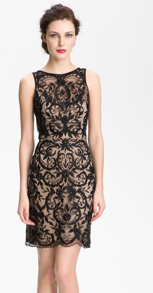 Sue Wong Embroidered Overlay Vback Sheath Dress in Black (black/ nude ...