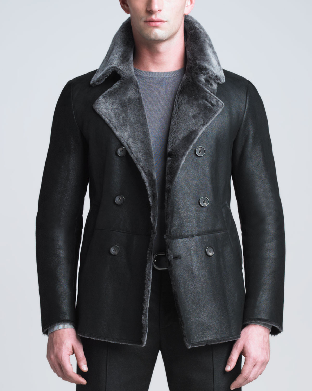 Lyst - Giorgio armani Doublebreasted Shearling Jacket in Black for Men