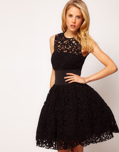 Asos Prom Dress in Lace with Elastic Waist in Black | Lyst