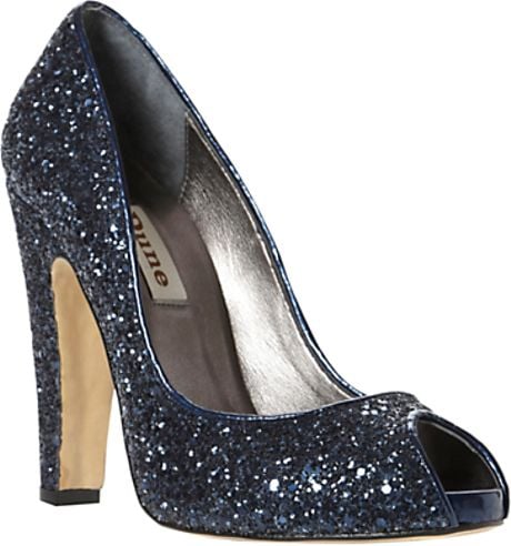 Dune Dhirl Glitter Peep Toe Block Heel Court Shoes Navy in Blue (navy ...