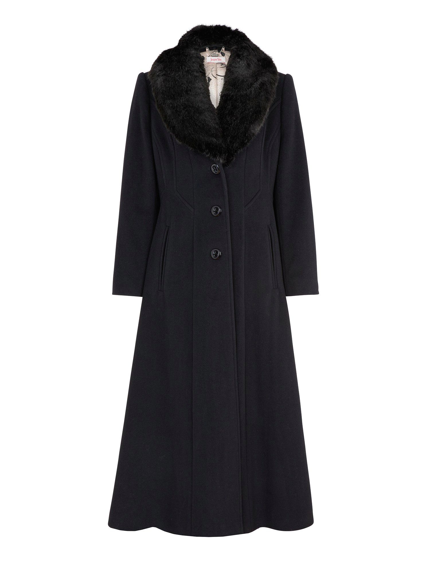 Jacques Vert Long Black Faux Fur Collar Coat in Black | Lyst