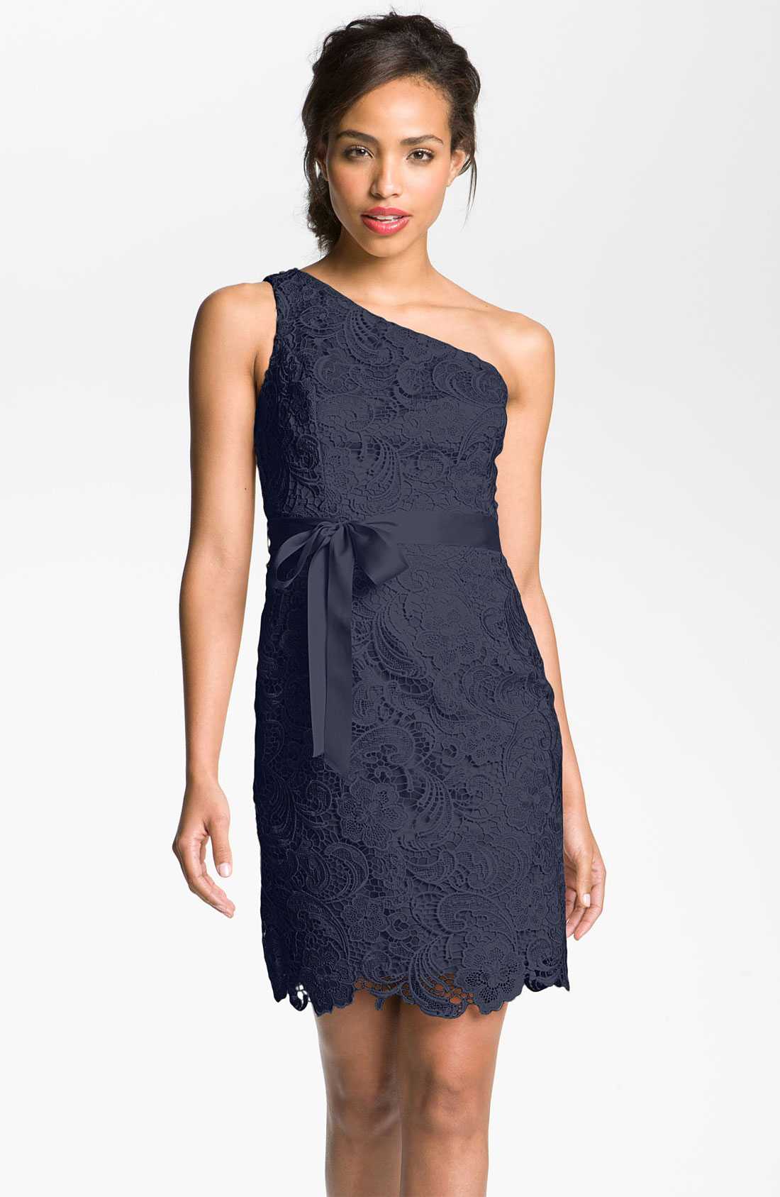 Adrianna Papell Lace One Shoulder Sheath Dress In Blue End Of Color List Navy Lyst 2086