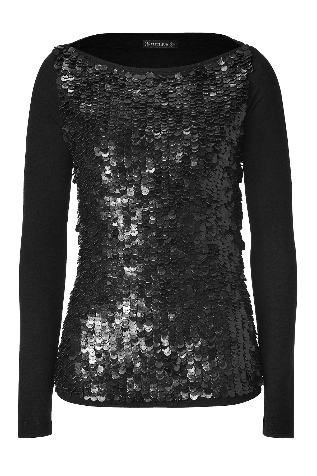 Plein Sud Black Leather Sequined Stretch Wool Long Sleeve Top in Black ...