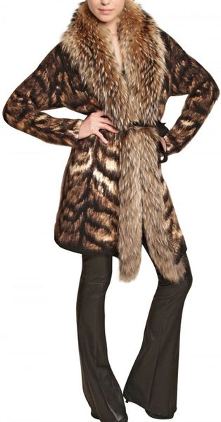 Roberto Cavalli Fox Fur Wool Jacquard Coat in Brown (tiger) | Lyst