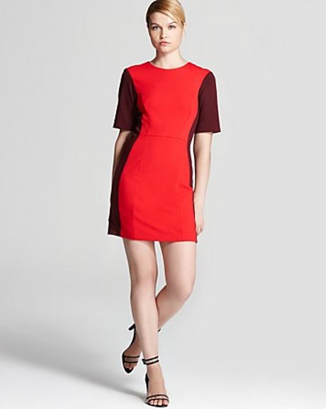 Tibi Color Block Dress Ponte Short Sleeve in Red | Lyst