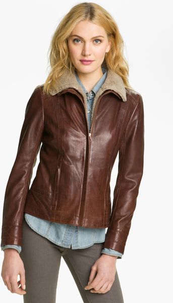 Ted Baker Leather Jacket with Genuine Shearling Collar in Brown | Lyst
