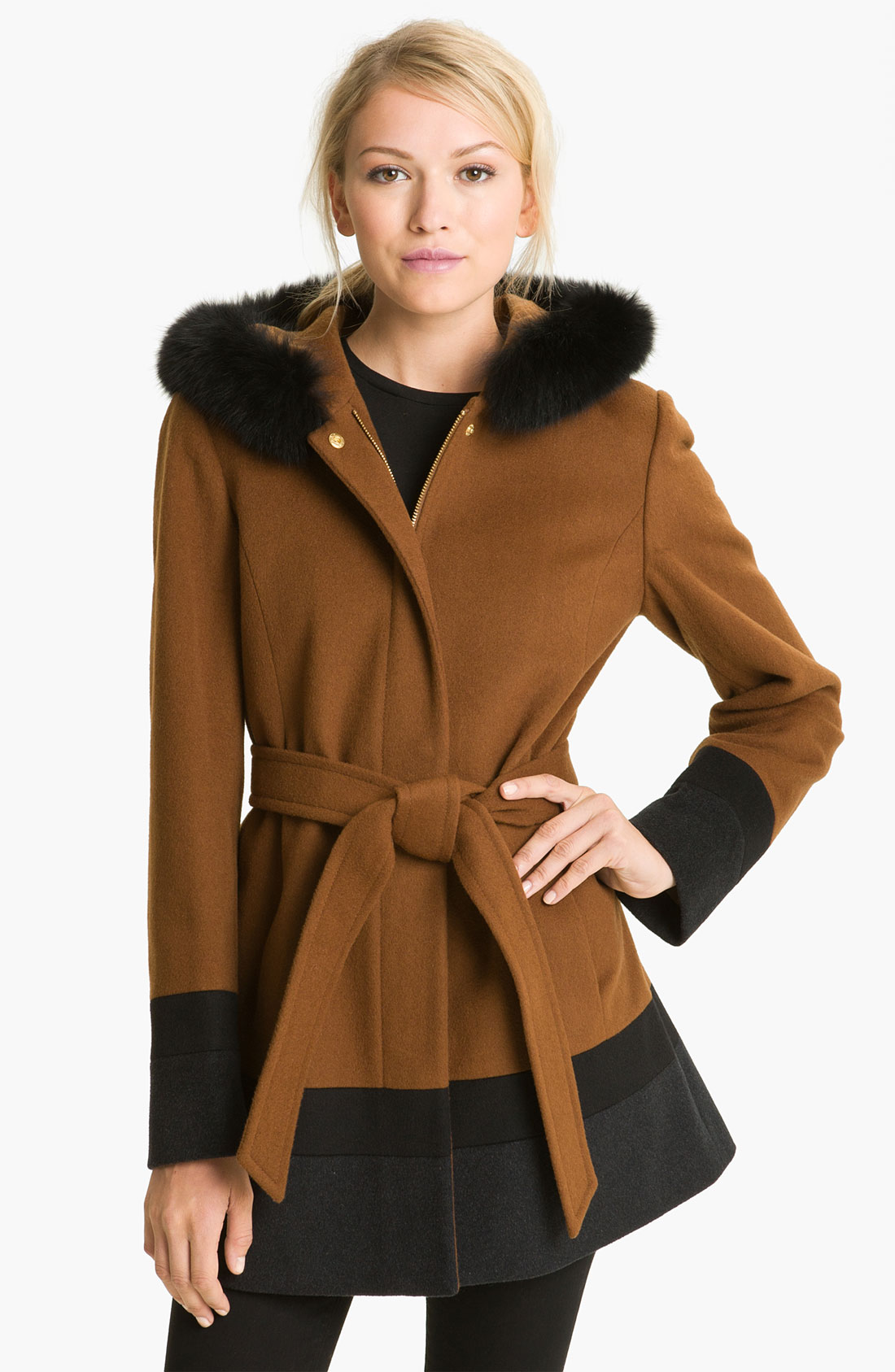 Ellen Tracy Colorblock Coat with Genuine Fox Fur Trim in Brown ...