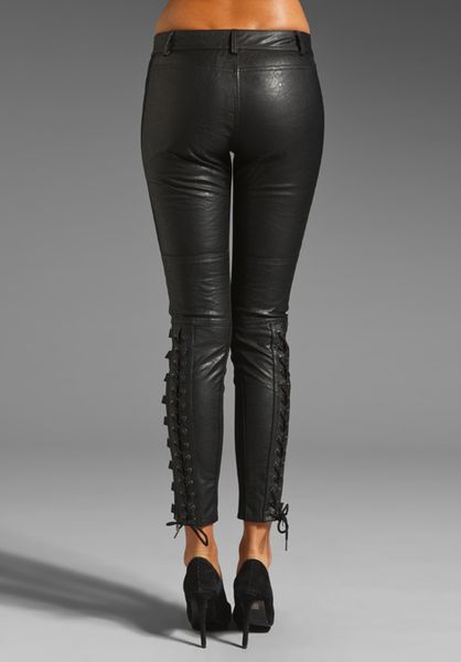 Rvn Lace Up Ponte Faux Leather Pants in Black | Lyst