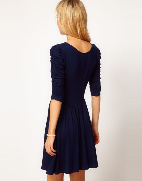 Asos Collection Skater Dress with 34 Ruched Sleeves in Blue (navy) | Lyst
