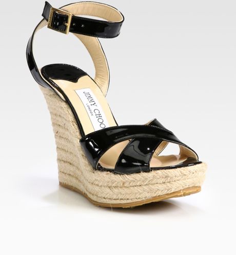 Jimmy Choo Paisley Patent Leather Espadrille Wedge Sandals in Black | Lyst