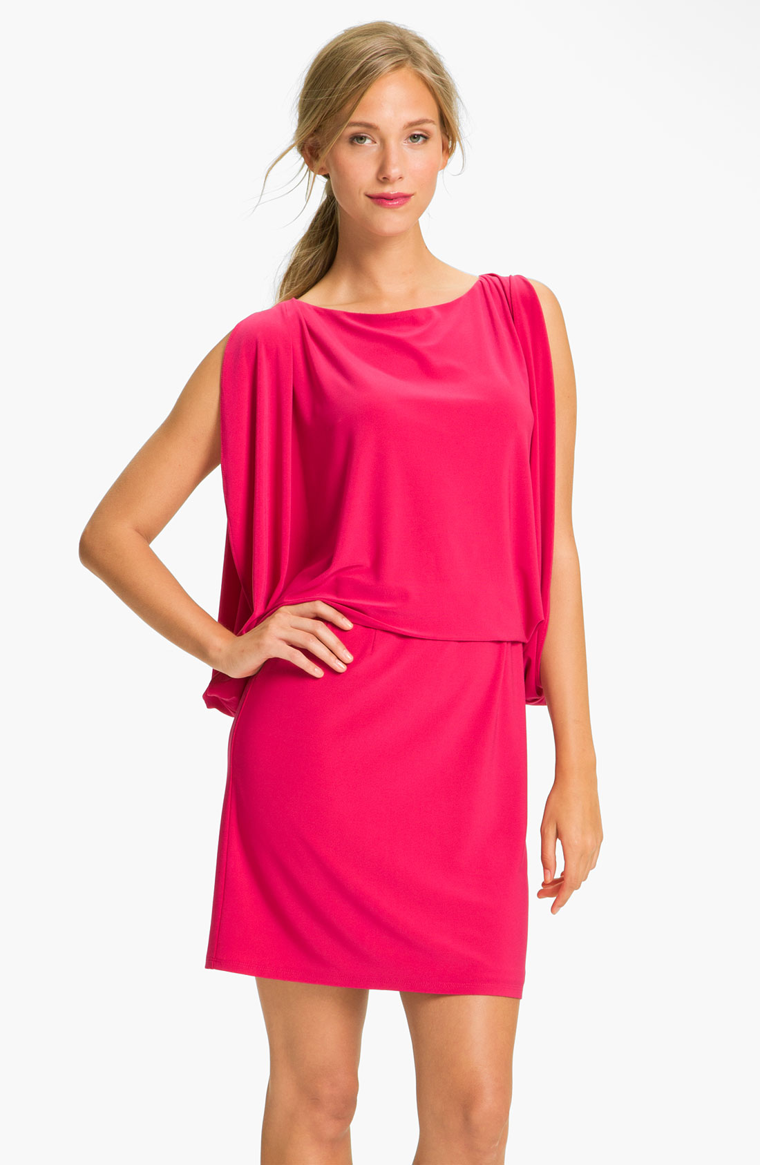 Jessica Simpson Draped Sleeve Jersey Blouson Dress in Pink | Lyst