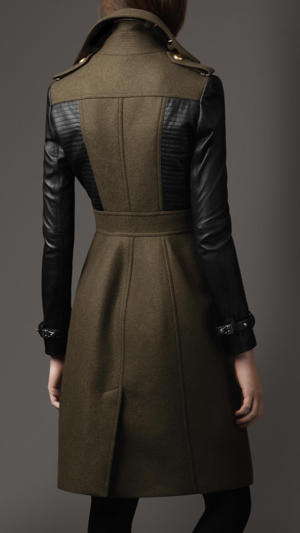 Burberry Leather Sleeve Coat in Green - Lyst